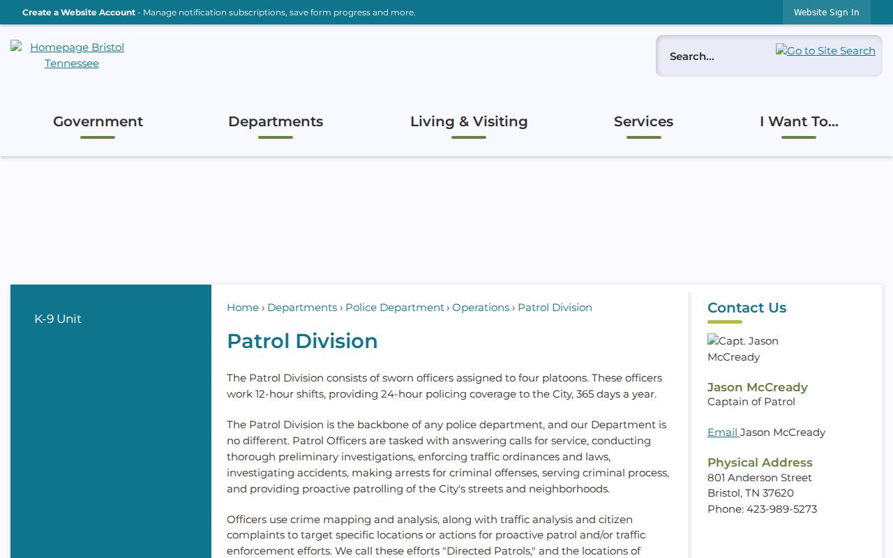 Sullivan County Bristol warrant records: police patrol division context